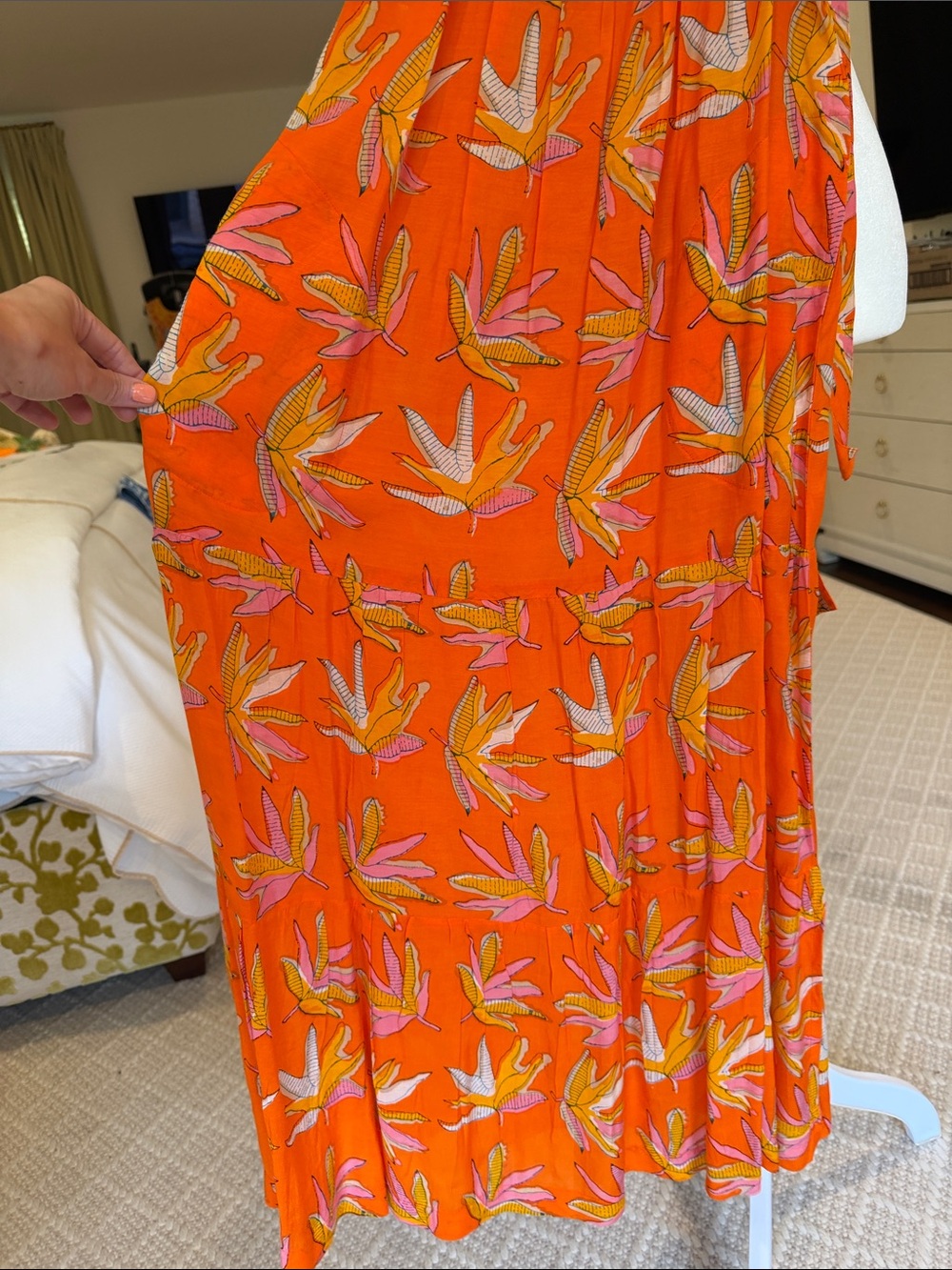 Oliphant- Women’s Orange Off The Shoulder Tropical Print MIDI Dress- Size: Small - Picture 4 of 9